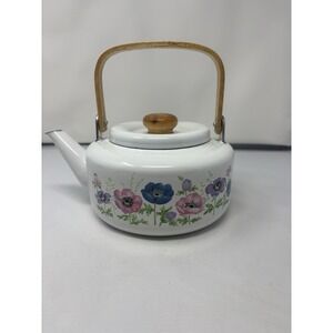 Vintage National Housewares Metal Teapot Kettle Floral Garden Bamboo 1985 Granny